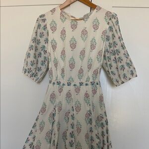 Cream Floral Midi Dress with Puff Sleeves